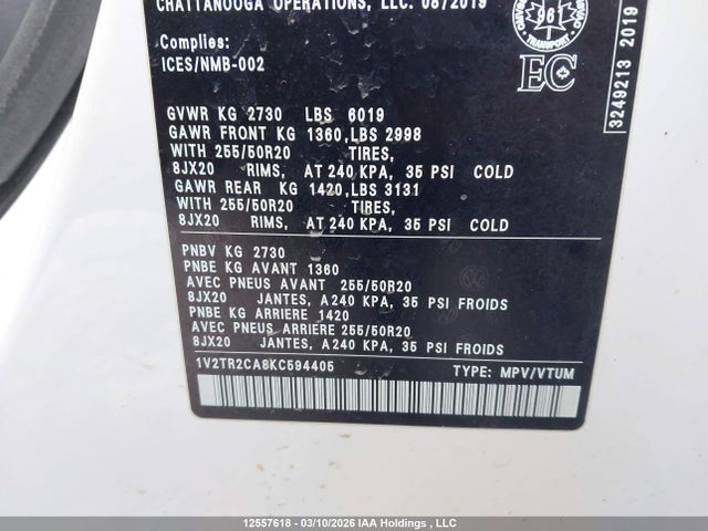 12557618 :رقم المزاد ، 1V2TR2CA8KC594405 vin ، 2019 Volkswagen Atlas مزاد بيع