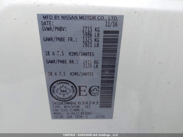 5N1DR2MM8HC634243 Nissan Pathfinder Platinum/s/sl/sv