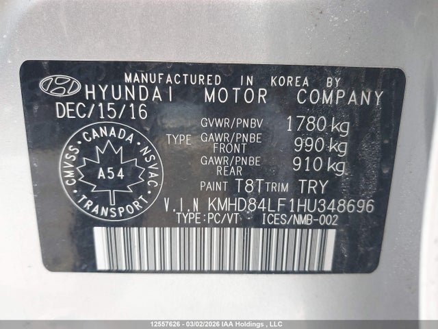 KMHD84LF1HU348696 Hyundai Elantra Se/value/limited