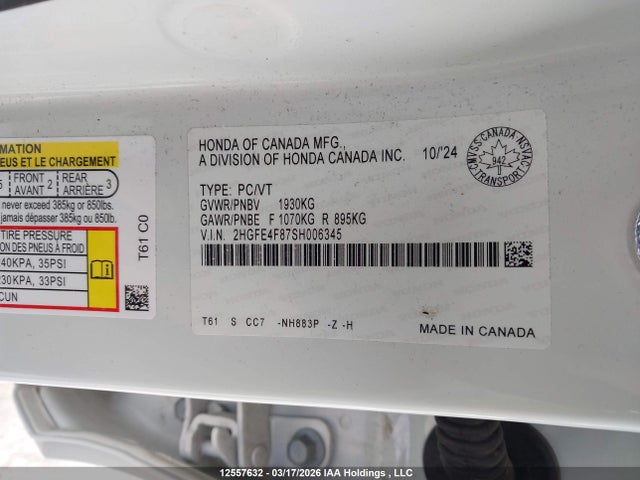 Продаж на аукціоні авто 2025 Honda Civic, vin: 2HGFE4F87SH006345, номер лоту: 12557632
