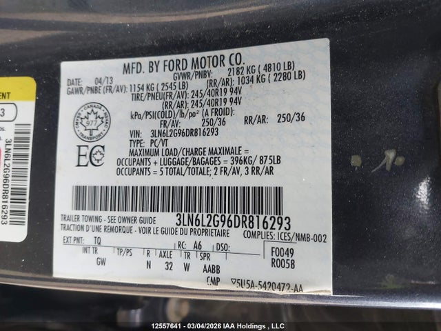Продаж на аукціоні авто 2013 Lincoln Mkz, vin: 3LN6L2G96DR816293, номер лоту: 12557641