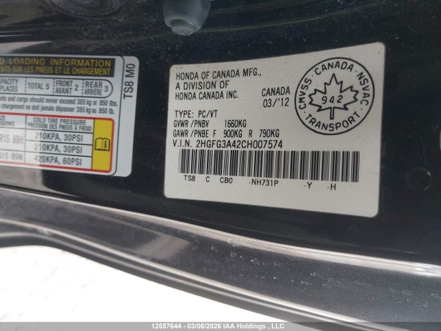 Продаж на аукціоні авто 2012 Honda Civic Lx, vin: 2HGFG3A42CH007574, номер лоту: 12557644