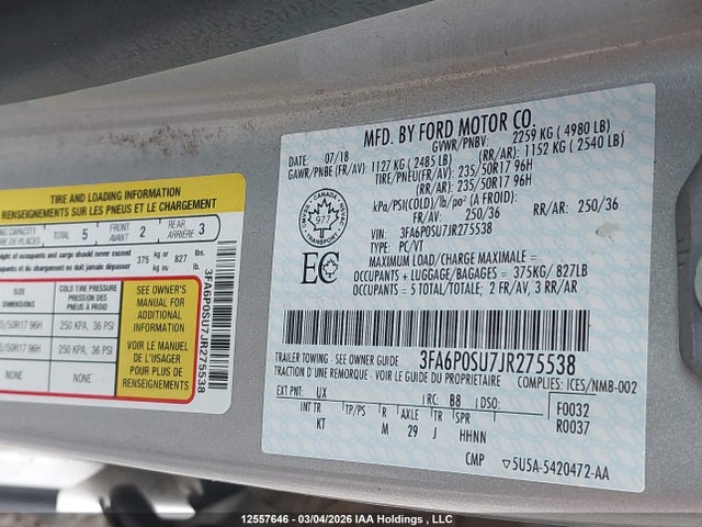 Aukcja sprzedaży 2018 Ford Fusion Titanium/platinum Phev, vin: 3FA6P0SU7JR275538, numer aukcji: 12557646