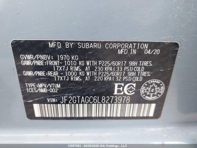 2020 Subaru Crosstrek Sport მანქანა იყიდება აუქციონზე, vin: JF2GTAGC6L8273978, აუქციონის ნომერი: 12557652
