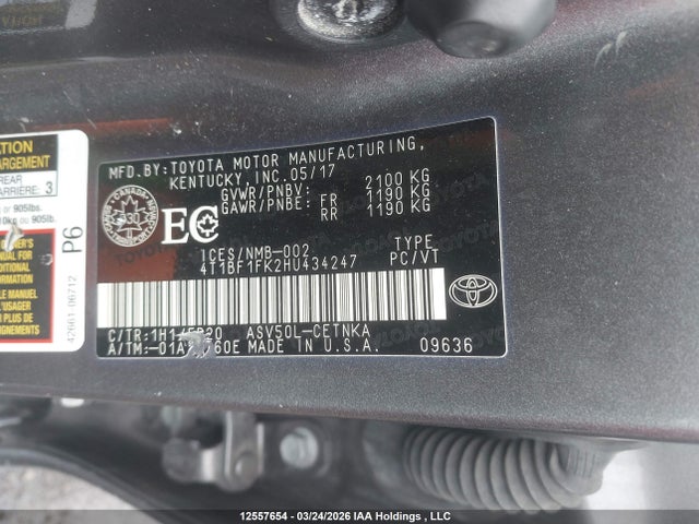 Aukcja sprzedaży 2017 Toyota Camry, vin: 4T1BF1FK2HU434247, numer aukcji: 12557654
