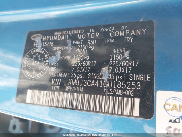 2016 Hyundai Tucson Limited/sport And Eco/se მანქანა იყიდება აუქციონზე, vin: KM8J3CA41GU185253, აუქციონის ნომერი: 12557656