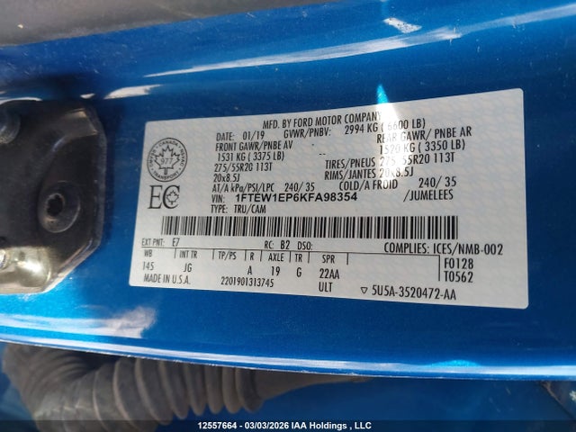 Aukcja sprzedaży 2019 Ford F150 Supercrew, vin: 1FTEW1EP6KFA98354, numer aukcji: 12557664