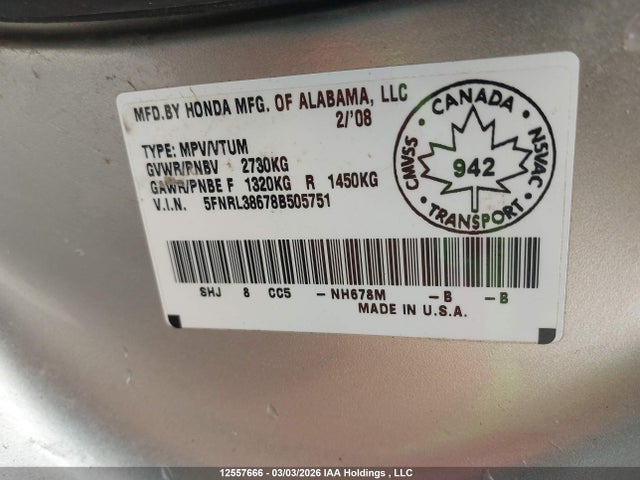 12557666 :رقم المزاد ، 5FNRL38678B505751 vin ، 2008 Honda Odyssey مزاد بيع