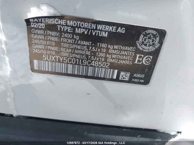 12557672 :رقم المزاد ، 5UXTY5C01L9C48502 vin ، 2020 Bmw X3 Xdrive30i مزاد بيع
