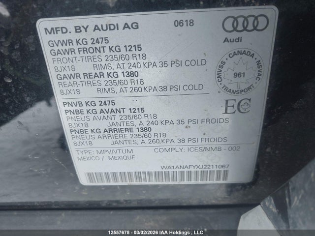 12557678 :رقم المزاد ، WA1ANAFYXJ2211067 vin ، 2018 Audi Q5 Premium مزاد بيع
