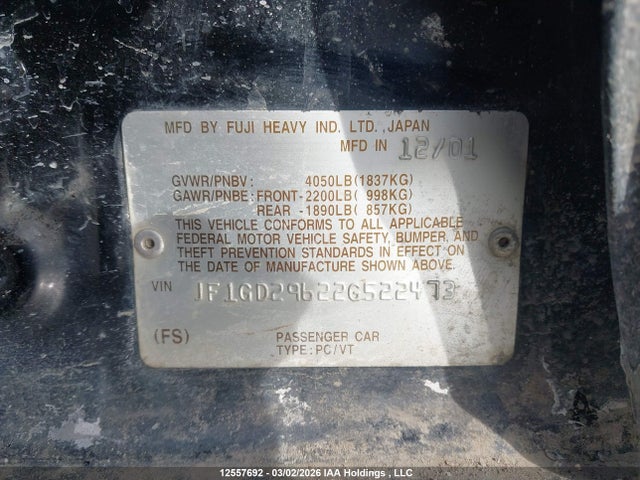 Продаж на аукціоні авто 2002 Subaru Impreza Wrx, vin: JF1GD29622G522473, номер лоту: 12557692