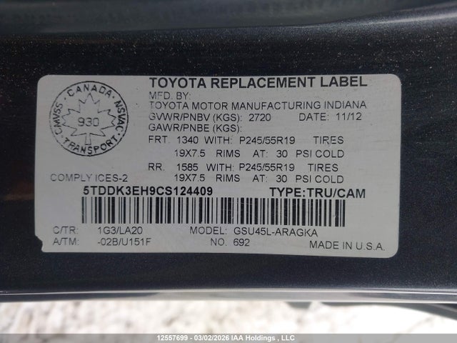 12557699 :رقم المزاد ، 5TDDK3EH9CS124409 vin ، 2012 Toyota Highlander Limited مزاد بيع