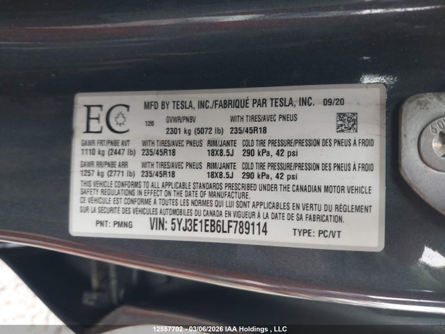 Aukcja sprzedaży 2020 Tesla Model 3 Long Range, vin: 5YJ3E1EB6LF789114, numer aukcji: 12557702