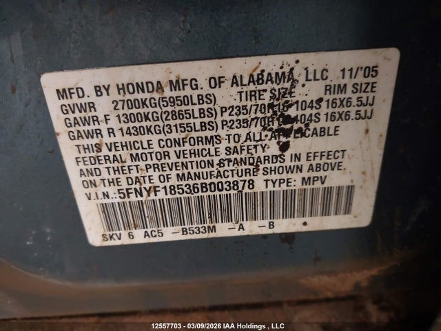 12557703 :رقم المزاد ، 5FNYF18536B003878 vin ، 2006 Honda Pilot Ex-l مزاد بيع