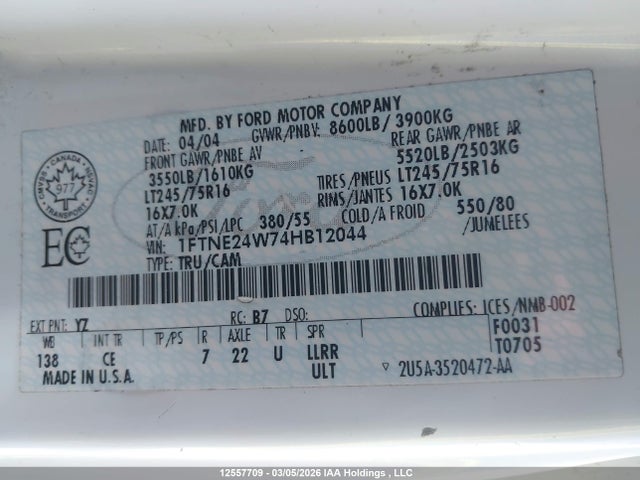 Продажа на аукционе авто 2004 Ford Econoline E250 Van, vin: 1FTNE24W74HB12044, номер лота: 12557709