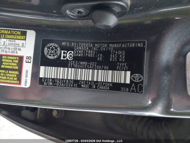 12557729 :رقم المزاد ، 2T1BU4EE5AC396796 vin ، 2010 Toyota Corolla Ce مزاد بيع