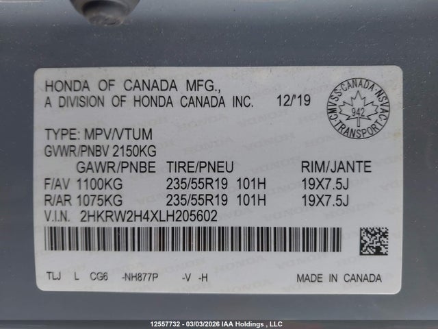 2HKRW2H4XLH205602 Honda Cr-v Sport