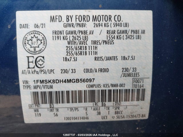 Aukcja sprzedaży 2021 Ford Explorer Xlt, vin: 1FMSK8DH4MGB56097, numer aukcji: 12557737