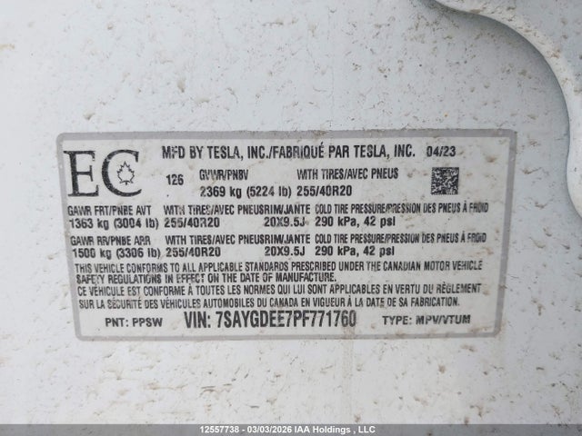 7SAYGDEE7PF771760 Tesla Model Y Long Range