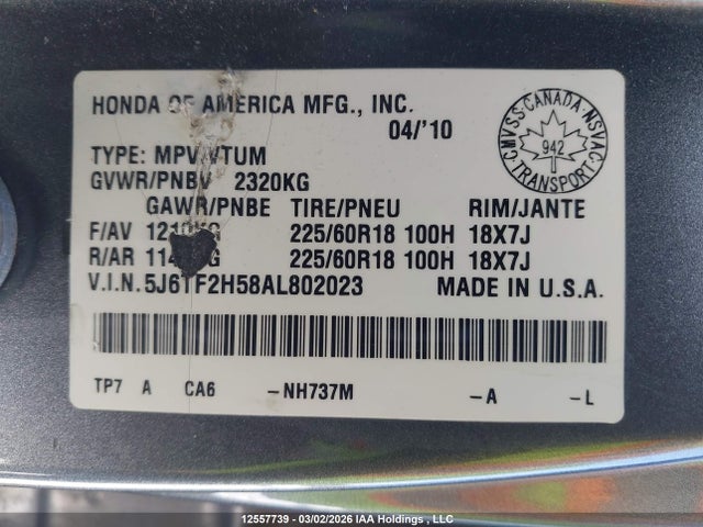 Продажа на аукционе авто 2010 Honda Accord Crosstour Exl, vin: 5J6TF2H58AL802023, номер лота: 12557739