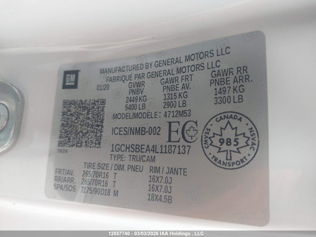 Aukcja sprzedaży 2020 Chevrolet Colorado Wt, vin: 1GCHSBEA4L1187137, numer aukcji: 12557740