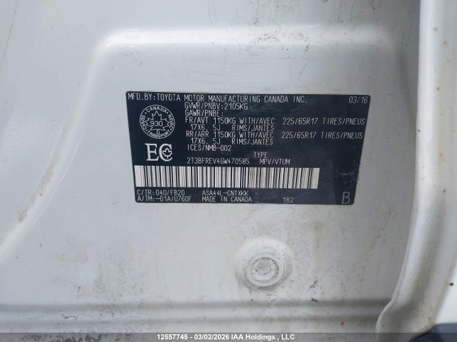 Aukcja sprzedaży 2016 Toyota Rav4 Le, vin: 2T3BFREV4GW470585, numer aukcji: 12557745