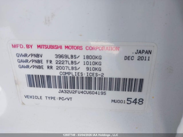 12557749 :رقم المزاد ، JA32U2FU4CU604195 vin ، 2012 Mitsubishi Lancer Es/es Sport مزاد بيع
