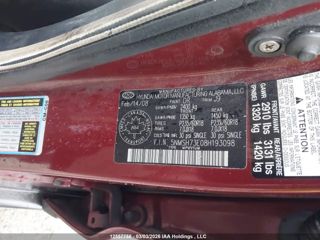 12557756 :رقم المزاد ، 5NMSH73E08H193098 vin ، 2008 Hyundai Santa Fe Limited مزاد بيع