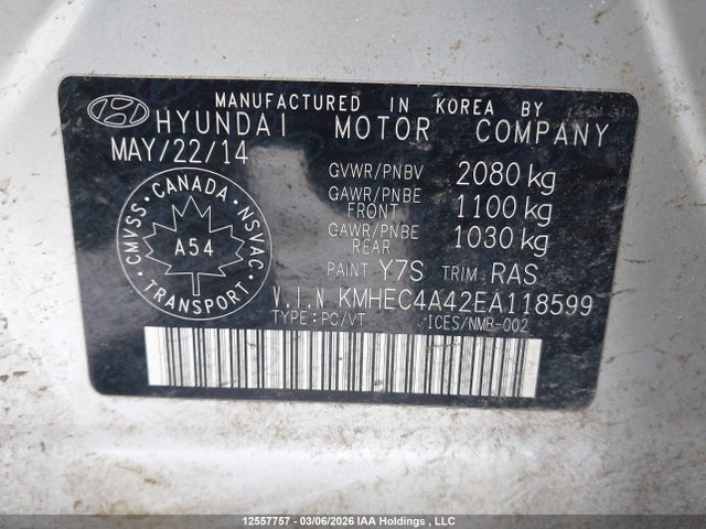 12557757 :رقم المزاد ، KMHEC4A42EA118599 vin ، 2014 Hyundai Sonata Hybrid Hybrid مزاد بيع