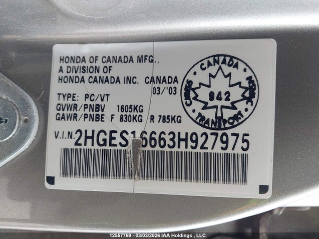 Aukcja sprzedaży 2003 Honda Civic Lx, vin: 2HGES16663H927975, numer aukcji: 12557769