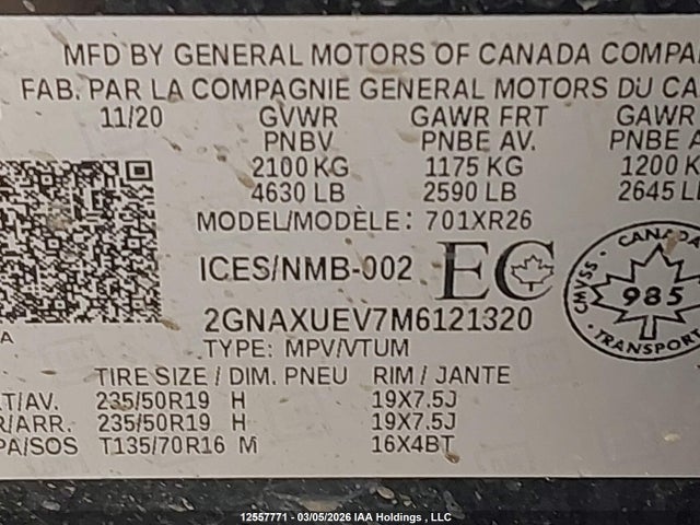 Aukcja sprzedaży 2021 Chevrolet Equinox Lt, vin: 2GNAXUEV7M6121320, numer aukcji: 12557771