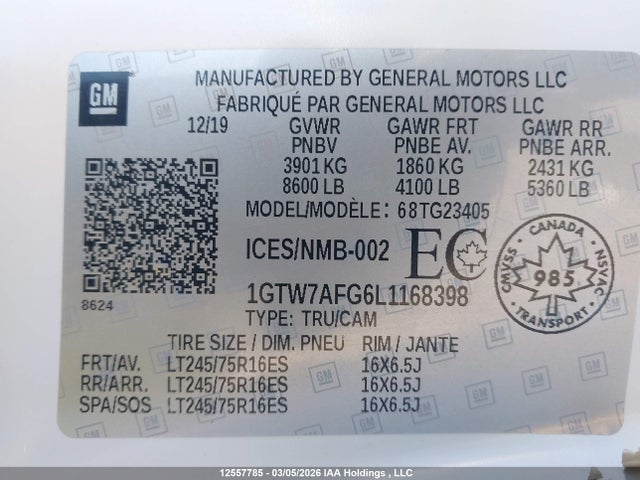 Aukcja sprzedaży 2020 Gmc Savana G2500, vin: 1GTW7AFG6L1168398, numer aukcji: 12557785