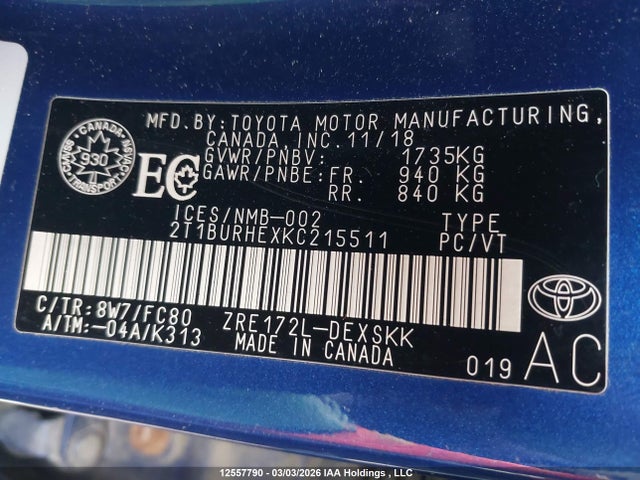 12557790 :رقم المزاد ، 2T1BURHEXKC215511 vin ، 2019 Toyota Corolla L/le/xle/se/xse مزاد بيع