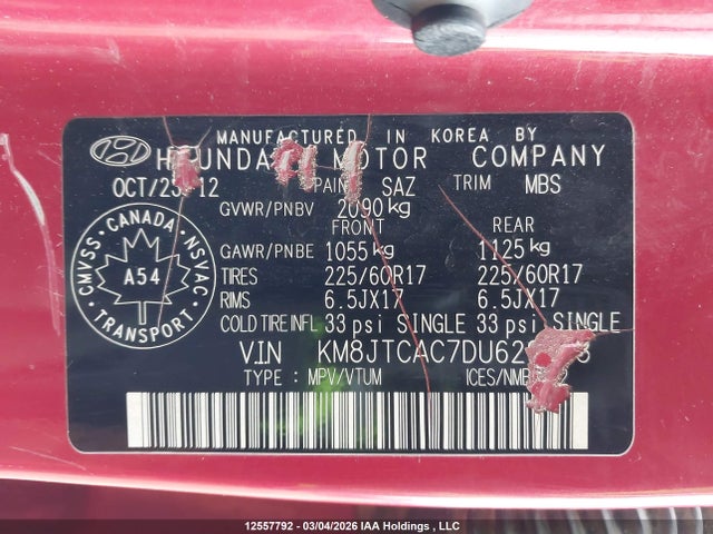 Продажа на аукционе авто 2013 Hyundai Tucson Gl, vin: KM8JTCAC7DU629688, номер лота: 12557792