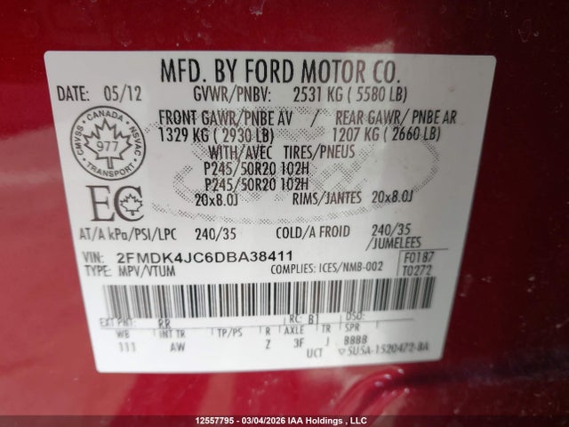 Продаж на аукціоні авто 2013 Ford Edge, vin: 2FMDK4JC6DBA38411, номер лоту: 12557795