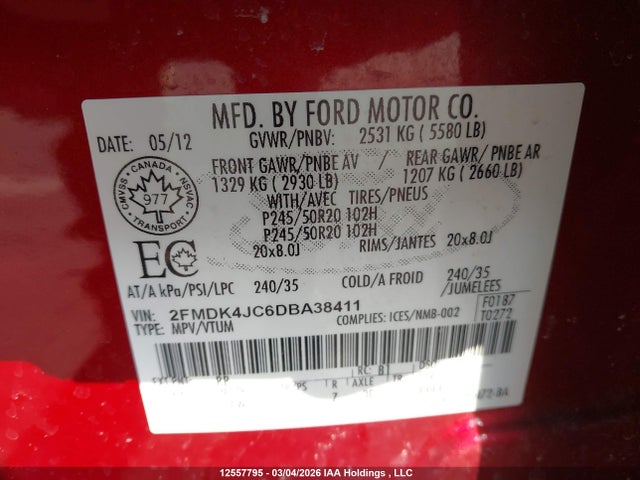 Продаж на аукціоні авто 2013 Ford Edge, vin: 2FMDK4JC6DBA38411, номер лоту: 12557795