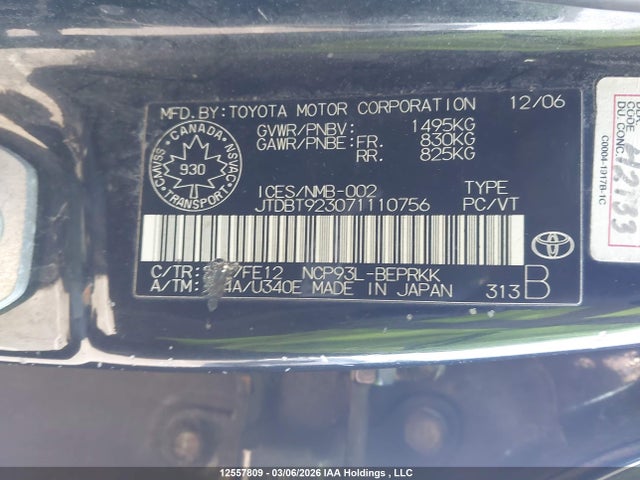 Продаж на аукціоні авто 2007 Toyota Yaris, vin: JTDBT923071110756, номер лоту: 12557809