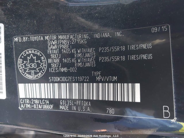 12557814 :رقم المزاد ، 5TDDK3DC7FS119722 vin ، 2015 Toyota Sienna Xle 7 Passenger مزاد بيع