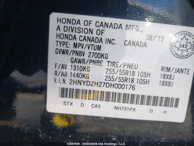 2013 Acura Mdx მანქანა იყიდება აუქციონზე, vin: 2HNYD2H27DH000176, აუქციონის ნომერი: 12557845
