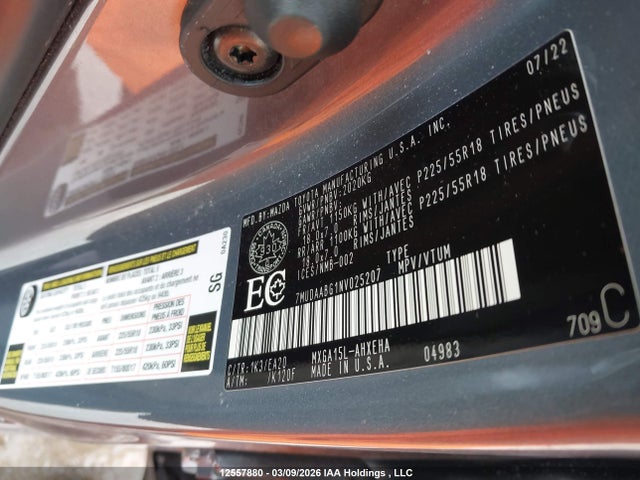 2022 Toyota Corolla Cross Xle მანქანა იყიდება აუქციონზე, vin: 7MUDAABG1NV025207, აუქციონის ნომერი: 12557880