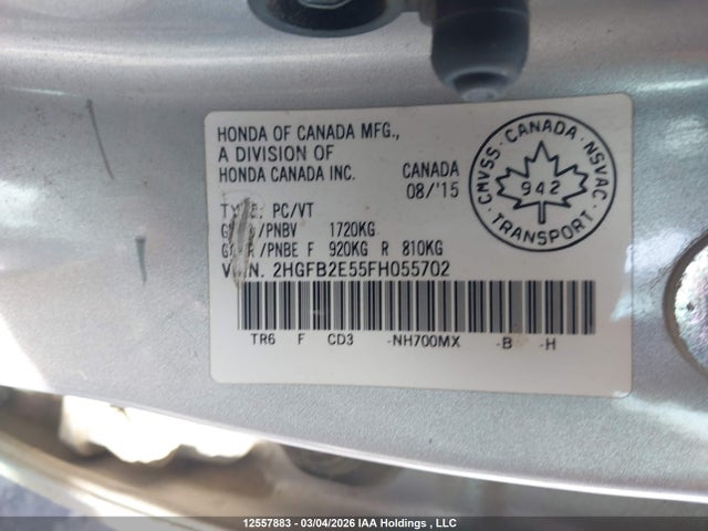 Aukcja sprzedaży 2015 Honda Civic Lx, vin: 2HGFB2E55FH055702, numer aukcji: 12557883