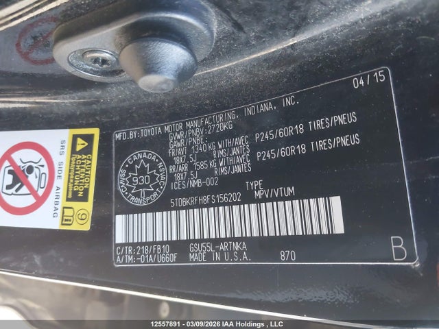 Aukcja sprzedaży 2015 Toyota Highlander Le, vin: 5TDBKRFH8FS156202, numer aukcji: 12557891