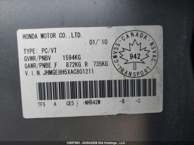Aukcja sprzedaży 2010 Honda Fit Lx, vin: JHMGE8H5XAC801211, numer aukcji: 12557893
