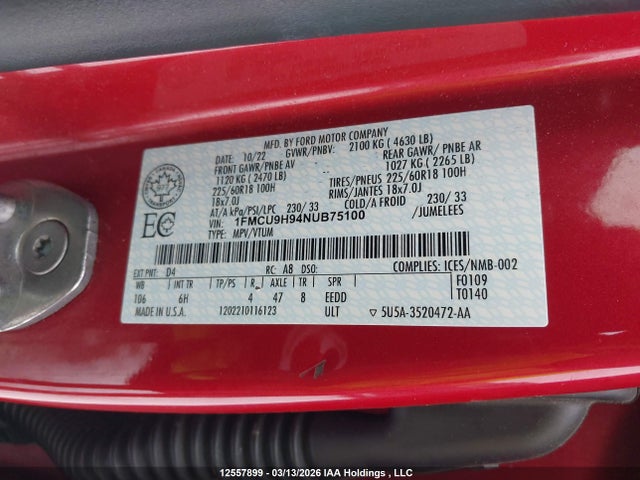 Aukcja sprzedaży 2022 Ford Escape, vin: 1FMCU9H94NUB75100, numer aukcji: 12557899