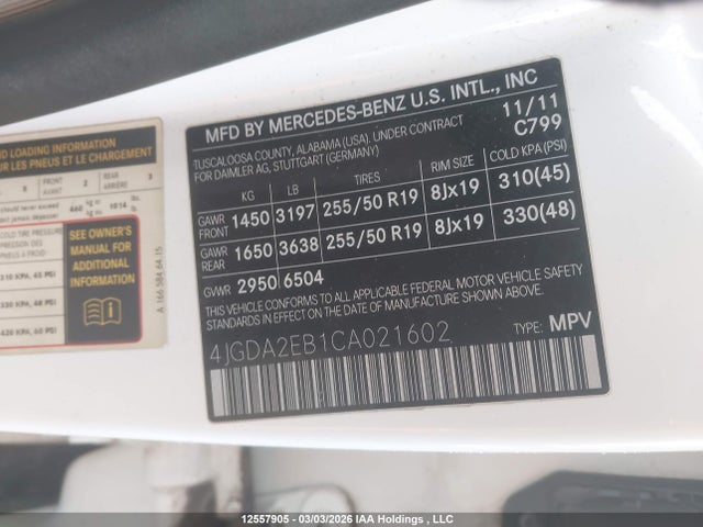 12557905 :رقم المزاد ، 4JGDA2EB1CA021602 vin ، 2012 Mercedes-benz Ml 350 Bluetec 4matic مزاد بيع
