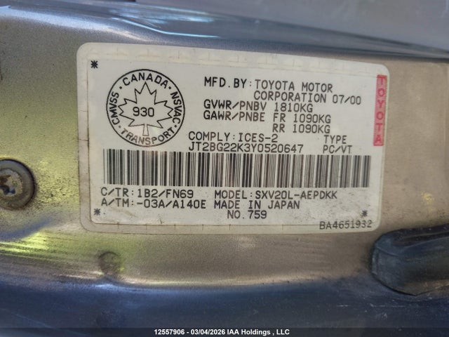 Aukcja sprzedaży 2000 Toyota Camry Ce/ce V6/le, vin: JT2BG22K3Y0520647, numer aukcji: 12557906