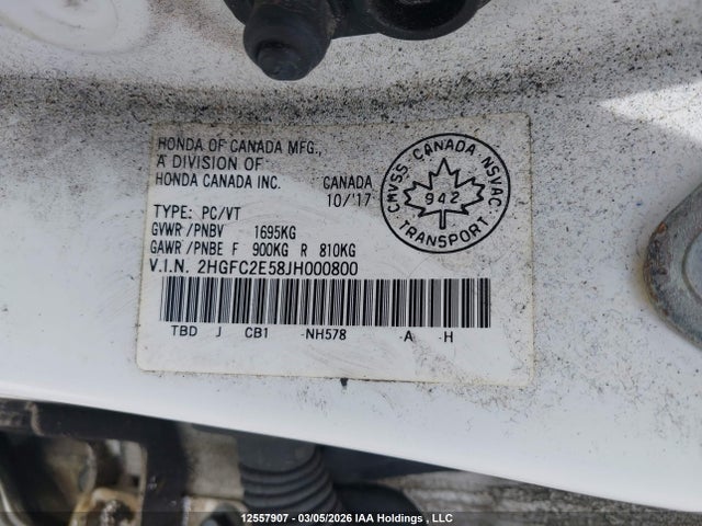 12557907 :رقم المزاد ، 2HGFC2E58JH000800 vin ، 2018 Honda Civic Lx مزاد بيع