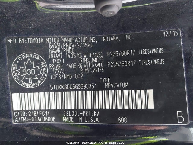 2016 Toyota Sienna Le 8 Passenger მანქანა იყიდება აუქციონზე, vin: 5TDKK3DC6GS693351, აუქციონის ნომერი: 12557914