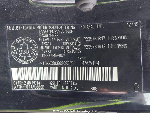 2016 Toyota Sienna Le 8 Passenger მანქანა იყიდება აუქციონზე, vin: 5TDKK3DC6GS693351, აუქციონის ნომერი: 12557914