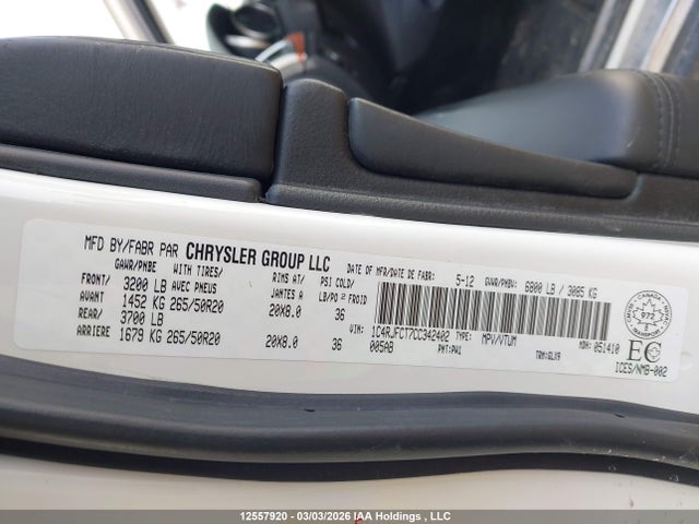 12557920 :رقم المزاد ، 1C4RJFCT7CC342402 vin ، 2012 Jeep Grand Cherokee Overland مزاد بيع